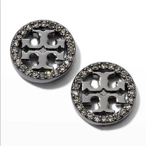 New Tory Burch Silvertone & Crystal Logo Stud Earrings, Hematite Sparkly Studs